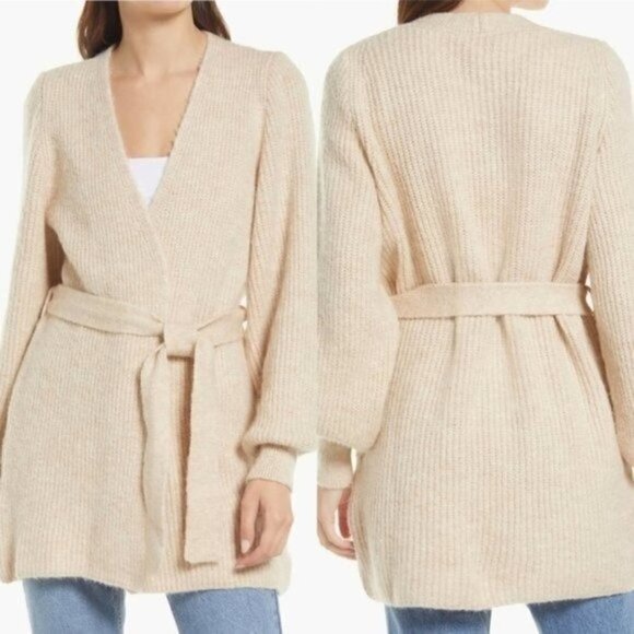 NWT Topshop Beige Long Cardigan Size XS Belted Blouson Sleeve Stone - Picture 1 of 8